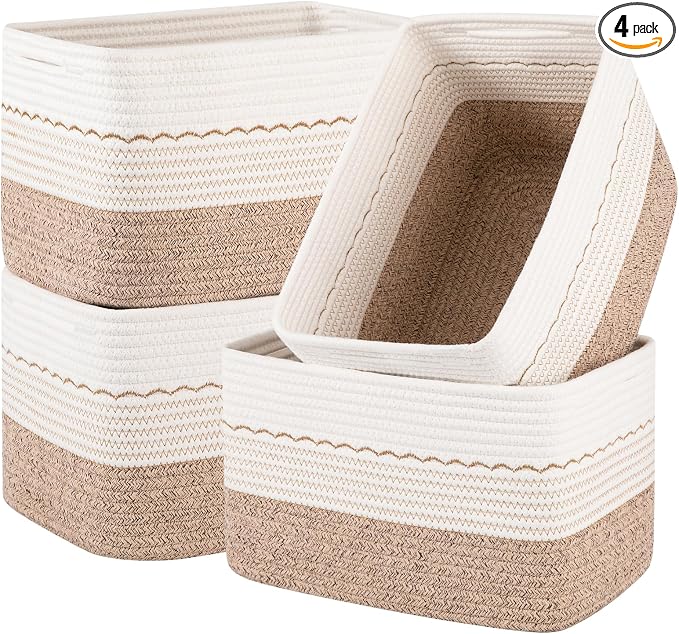 OIASKET 4 Pack Storage Baskets for Organizing, 13"X9"X7.87", Decorative Cotton Rope Baskets for Shelves, Small Woven Basket for Toys, Books and Towels, Brown & White by OIASKET