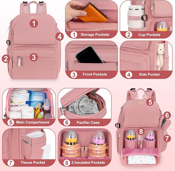 IBVIVIC Diaper Bag Backpack with Portable Changing Pad, Multifunctional Baby Bag for Mom Dad, Large Capacity, Stroller Straps, Insulated Bottle Pockets & Pacifier Case (Blush Pink) - Image 6