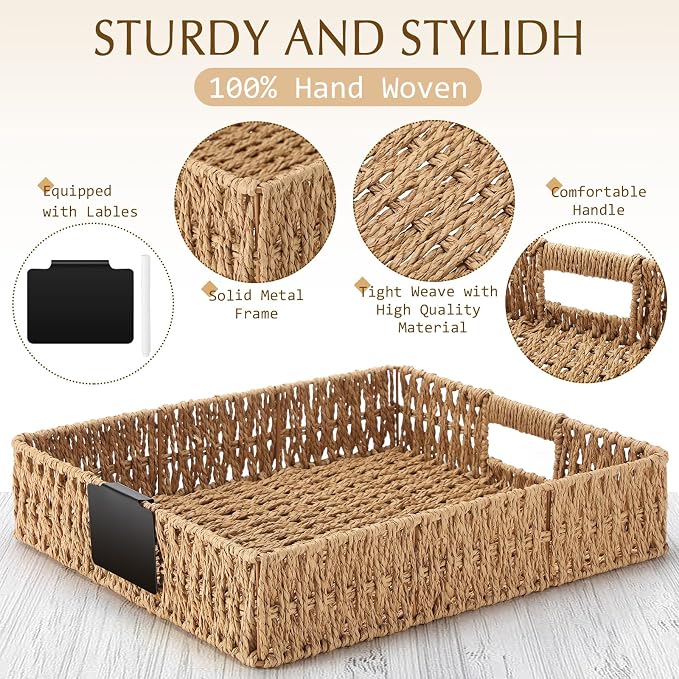 Marsui 9 Pcs Paper Rope Storage Baskets with Handle Labels Handwoven Multi-size Primary Color Storage Bins for Organizing Small Baskets Container for Shelves Closet Pantry Toilet - Image 3