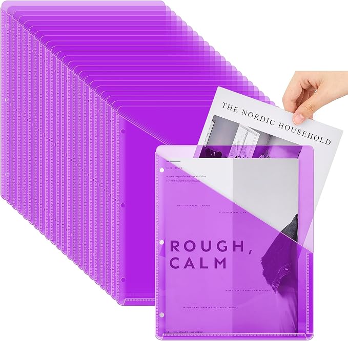 Seajan 48 Pcs Binder Pocket Folders, Clear 3 Ring Binder, Purple | Plastic Folders Sleeves with 2 Pockets, Poly Slash File Jackets, 3 Hole Punched Dividers for School, Office, Documents by Seajan
