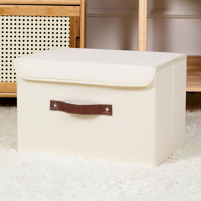 ANMINY Fabric Storage Box Bins with Lids, Beige, 15"x10"x10", 4 Pack | Keepsake Memory Storage, Cotton Linen, PP Board Reinforced, Washable, PU Handles, Foldable & Stackable, Decorative, Large - Image 7