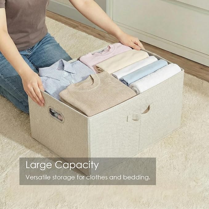 Storage Bins with Lids [3-Pack] Linen Fabric Foldable Storage Boxes Organizer Containers Baskets Cube with Cover for Bedroom Closet Office Beige (23.4X15.9X11.4) - Image 2