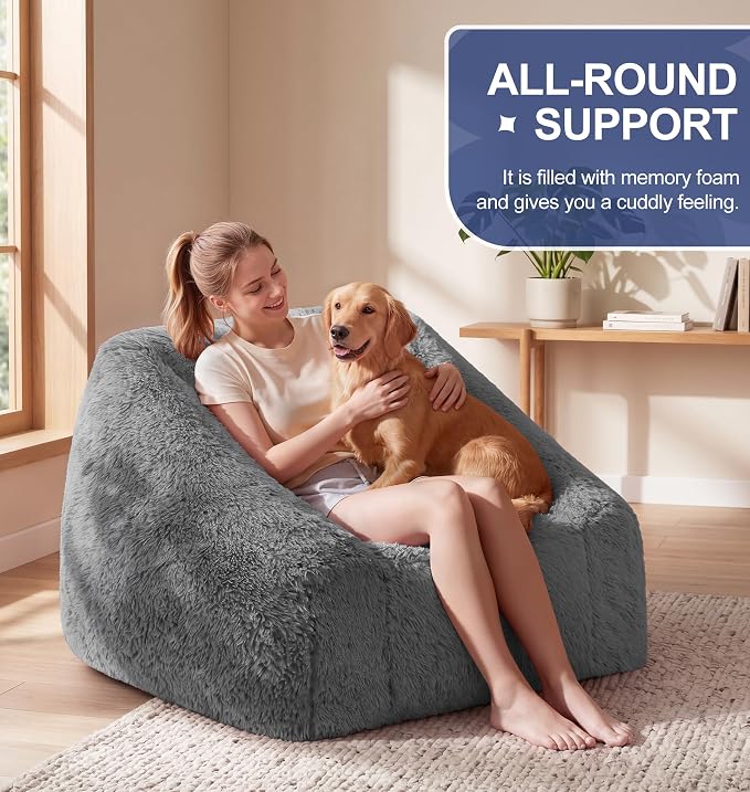 Hobestluk Bean Bag Chair Plush Cozy Chair Armrest Living Room Adult Grey | Memory Foam Filled Oversized Large Cozy Comfy Plush Chair Lazy Sofa Living Room Bedroom Dorm Reading Gaming Washable cover - Image 3