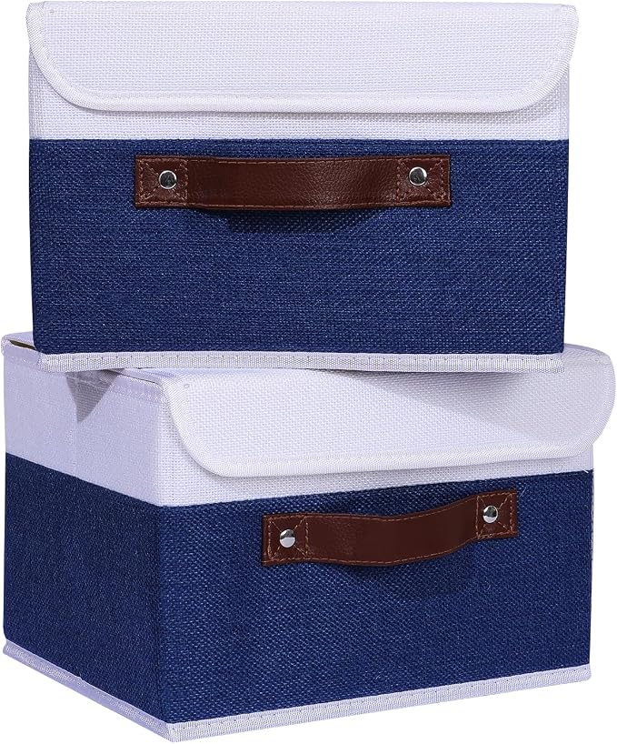 ANMINY Fabric Storage Box Bins with Lids, Blue White, 10"x8"x7", 4 Pack | Keepsake Memory Storage, Cotton Linen, PP Board Reinforced, Washable, PU Handles, Foldable & Stackable, Decorative, Small - Image 2