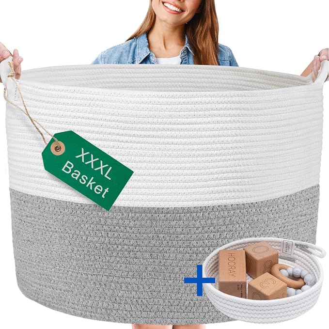 Huddle XXXLarge WASHABLE Blanket Basket for Living Room,Toys Storage, Baby | Woven Decorative Soft Cotton Rope Big Blanket Basket+Mini Basket for Nursery, Dog Toys, Storage, Organization Bins 22x14 Grey by HuddleSupplyCo