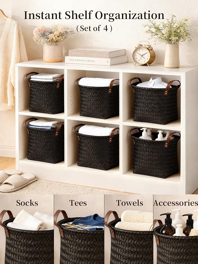 Wicker Storage Baskets, 4 Pack Woven Baskets for Shelves, Dark Gold | PP Rattan, Water-resistant Wicker Basket, Large Baskets with Faux Leather Handles for Blanket, Laundry Organizer, Room Decor - Image 3