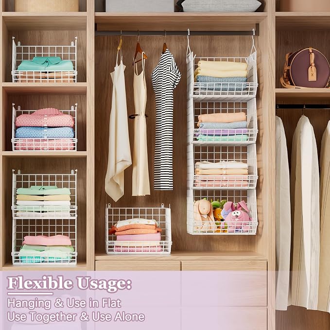 5 Tier Closet Hanging Organizer, Clothes Hanging Shelves with 4 Hanging Hooks 5 S Hooks, Wire Storage Basket Bins, for Clothing Sweaters Shoes Handbags Clutches Accessories Patent Design-White - Image 4