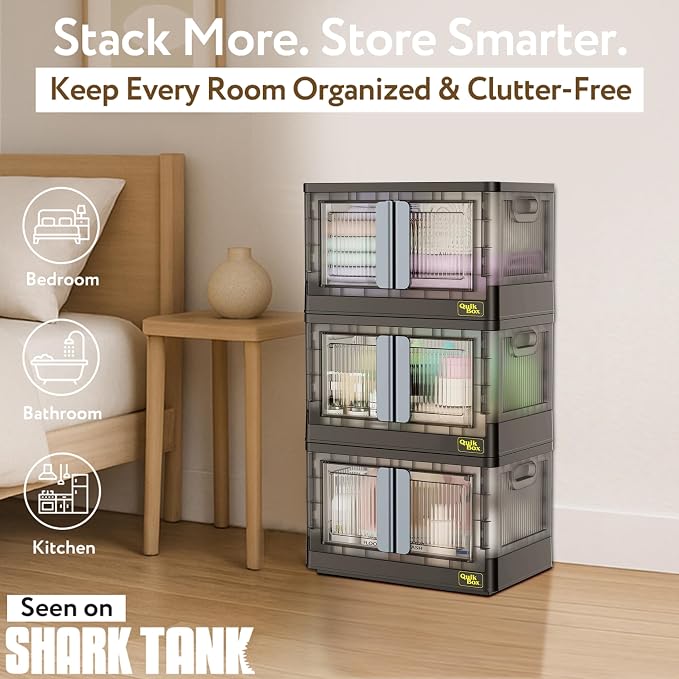 Quik Box - 8.5 Gallon 3-Pack Stackable Storage Bins with Doors & Wheels - Collapsible Organizer for Dorms, Bedroom & Home - Durable Polystyrene - Black - Image 2
