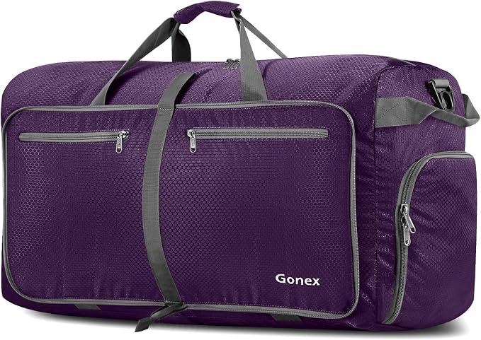Gonex 100L Foldable Travel Duffle Bag with Shoe Compartment, Lightweight | 210D Nylon, Water-Repellent, Folds Compact, Multiple Pockets, Luggage Sleeve,Family Travel & Camping, Purple by Gonex