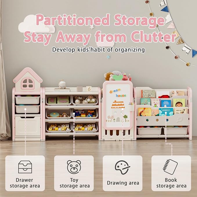 Kids Toy Storage Organizer with 10 Removable Bins, Foldable Toy Organizers and Storage with 3-Tier Bookshelf for Kids Toy Storage Organizer with Drawing Board, Extra 3 Brushes (4 In 1 Light Pink) - Image 5