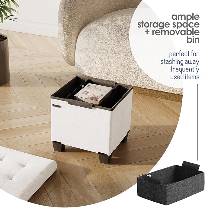 Storage Ottoman Cube with Small Bin, 15-in Square Ottoman with Storage for Living Room and Bedroom, Small Ottomans Foot Rest, Fabric Foot Stools Ottomans Max 330lbs, Cream - Image 3