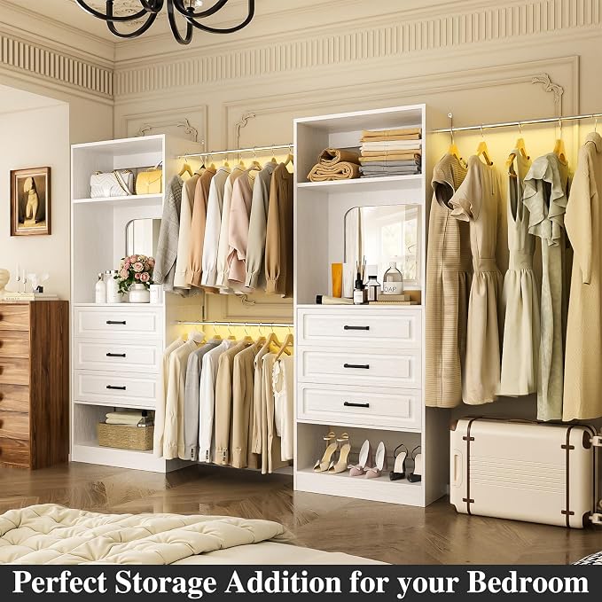 Unikito 6-14FT Wood Closet System with 6 Drawers and Mirror, White | Sturdy walk-in organizer wardrobe for clothing, clothes rack with 3 hanging rods, freestanding garment storage tower. - Image 5