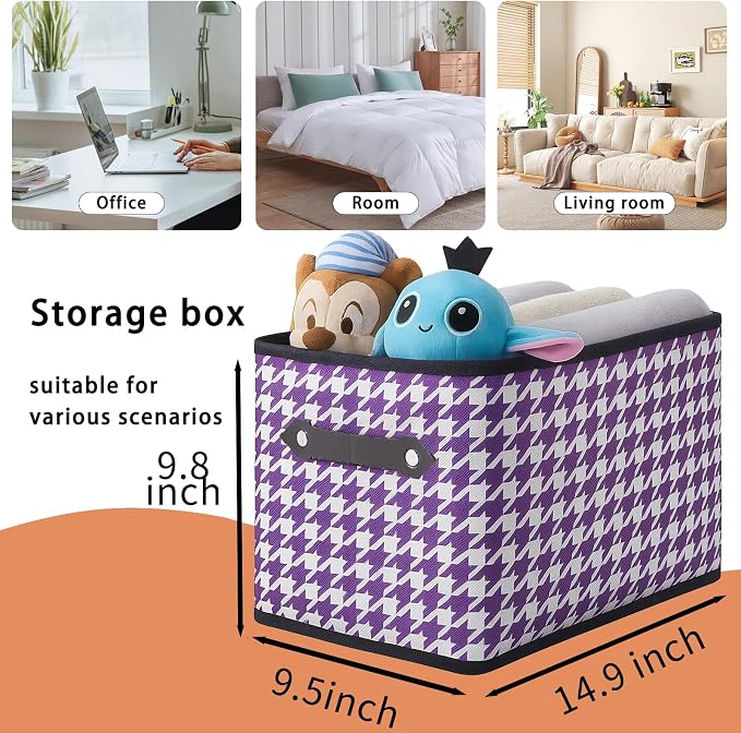 1 Pack Large Collapsible Storage Baskets for Shelves,14.9"x9.5" Fabric Closet storage Boxes with Leather Handles,Decorative Organizers Storage Bins for Clothes,Sheets,Books,(Purple Houndstooth - Image 2