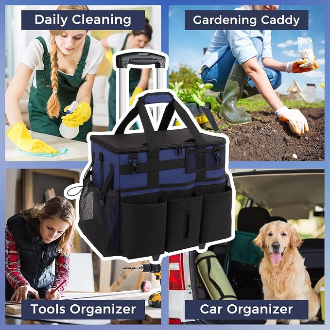 SCAVATA Rolling Cleaning Caddy Bag with Detachable Trolley, Large Cleaning Supplies Organizer with Wheels, Multi-Pocket Cleaning Cart with Adjustable Shoulder Strap for Housekeepers (NavyBlue) - Image 7