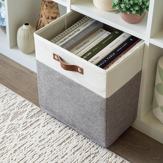 OrganiHaus 13x13 Cube Storage Bins, Set of 4 - Fabric Storage Cubes | Sturdy, holds its shape; odor-free; fits IKEA Kallax and Expedit; vegan leather handles - Image 5