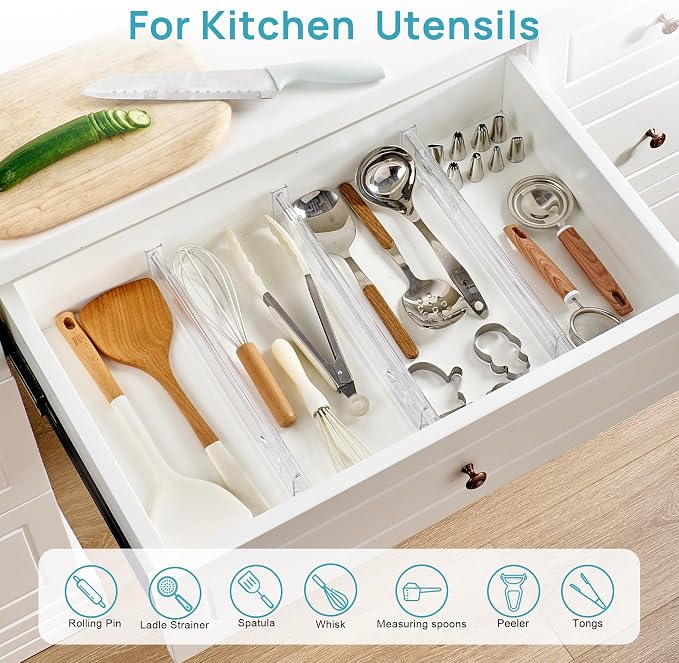 Vtopmart 2.36" Short Upgrade Drawer Dividers 12.8"-22.3" Expandable 4 Pack | Adjustable Kitchen Drawer Organizer, Clear Plastic Separator for Flatware, Utensils, Cutlery, Underwear Storage, Space Saving - Image 4