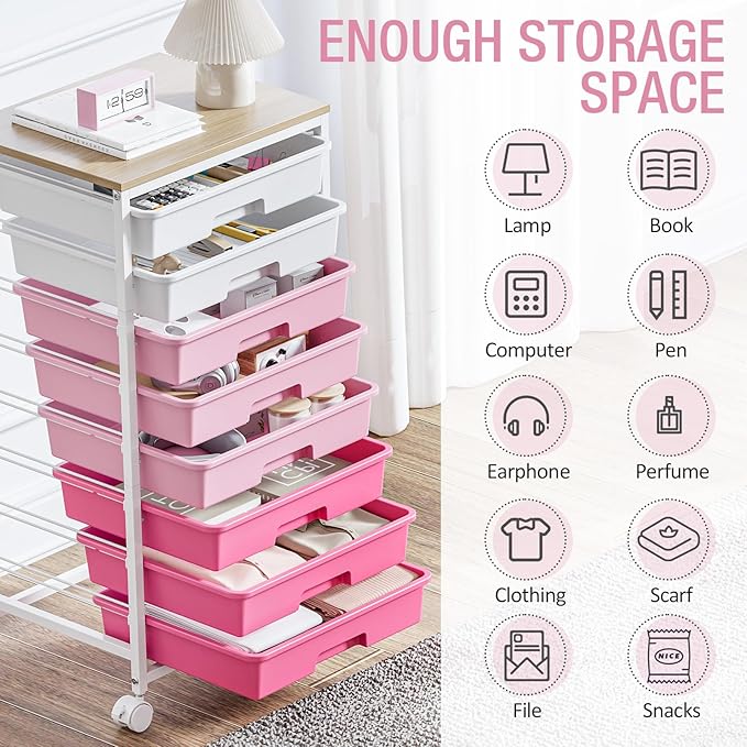 TOOLF Rolling Storage Cart with 8 Drawers,Rose Pink | Utility Cart on Wheels with Wooden Tabletop,Teacher Organization for Classroom, Art Cart for Office,Bedroom,Craft Room - Image 5