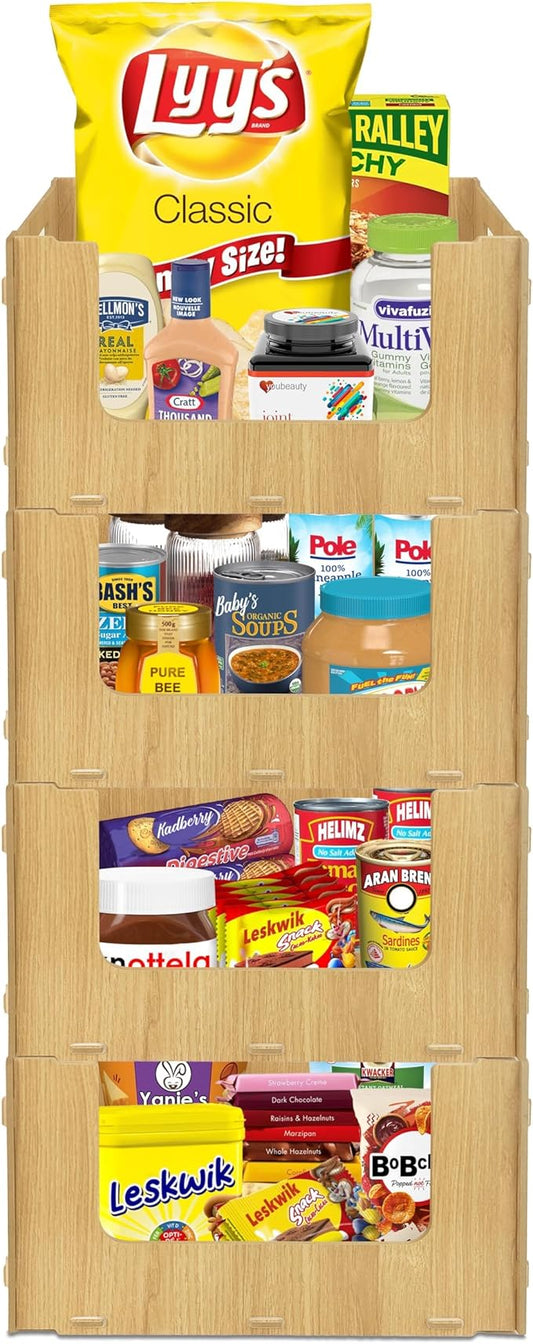 Skywin Wooden Stackable Storage Bins Open Front for Pantry Storage, 4 Pack | Easy Stacking, Open Front Design, Space Saving Pantry Organizers and Storage Bin for Snacks, Toiletries, and Home Essentials by Skywin