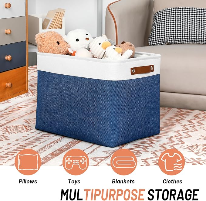 DULLEMELO Large Storage Baskets with Leather Handles for Linen Closet and Home Office, Decorative Baskets for Toys Storage (White & Blue) - Image 3