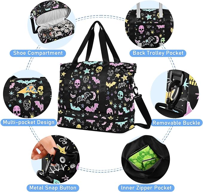 Travel Duffel Tote Bag Gothic Bat Skull Moon Sports Duffel Bag with Wet Pocket Weekender Overnight Bag for Women Men Gym Bag, Carry On Bag Hospital Bag for Labor and Delivery - Image 2