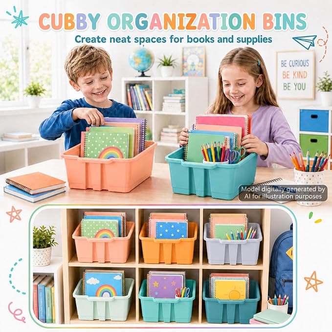 6 Pack Plastic Book Bins For Classroom Stackable Classroom Organizer with Handle Cubby Bins for School Library Office Home Nursery Playroom Organization(Boho) - Image 4