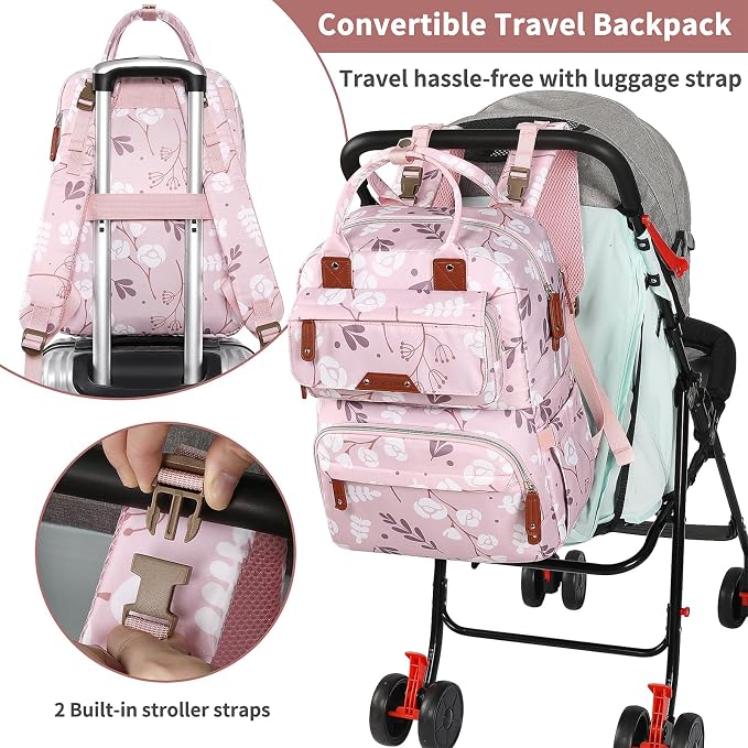 Diaper Bag Backpack for Baby Girl, Multifunction Waterproof Diaper Bag for Mom Dad, Large Pink Floral Baby Diaper Bags, Baby Essentials Travel Bag with Stroller Straps, Large Capacity, Stylish - Image 5