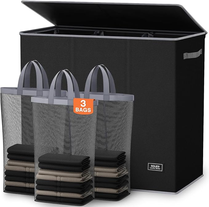 SOLEDI Large Laundry hamper 3 Section with Laundry Bag, XL Clothes Basket | 3-Section Large capacity Laundry Sorter with Odor-Blocking Lid, Robust Iron Frame & Waterproof 600D Fabric, 3 Washable Bags by SOLEDI