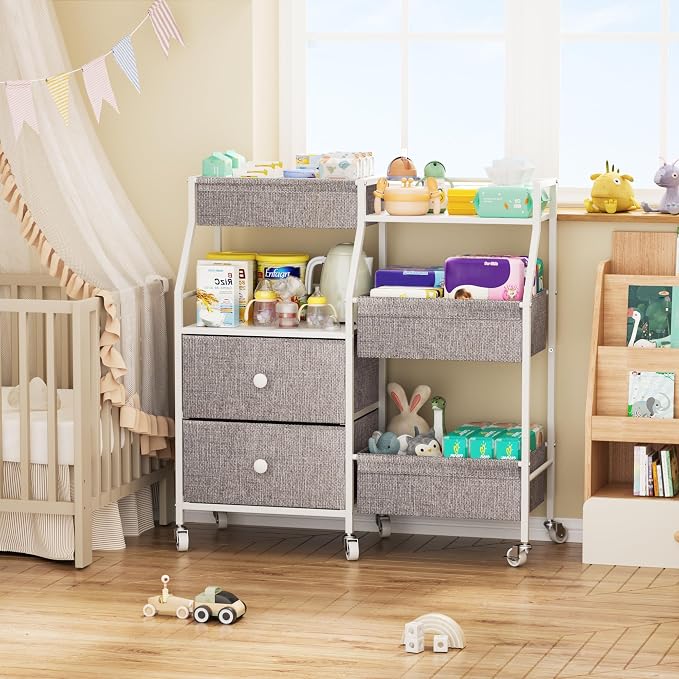 DTK Baby Diaper Caddy Organizer, 3 Tier Rolling Diaper Cart with Dividers and Drawers, Mobile Utility Baby Storage Cart with Wheels, Baby Newborn Essentials for Nursery, Bedroom, Charging Table，Crib - Image 6