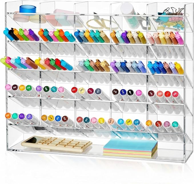 MotiMind Acrylic Pen and Marker Organizer for 300 Markers | 21 Compartments, Vertical Marker Pencil Organizer, Acrylic Pen Display Holder, Art Supply Storage for Desk Stationery, Clear by MotiMind