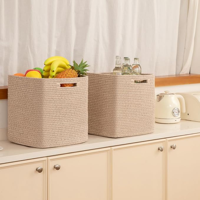 OIAHOMY 3 PACK Cube Storage Bin 13 Inch Collapsible Storage Cube Brown | Cube Storage Organizer Storage Bins for Shelves Baskets for Organizing Woven Rope Storage Baskets - Image 6