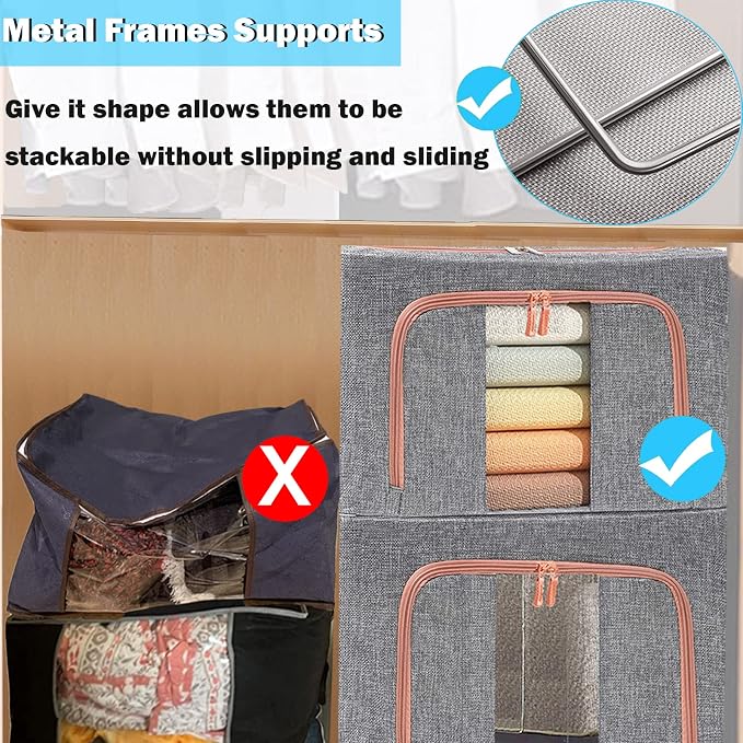 Linen Clothes Storage Bags, Sturdy Closet Organizers and Storage Bin with Hold Shape Metal Frame, 2 Opening Ways Fabric Visible Lidded Storage Box for Organizing Clothing,Bedding (2 Pack, 24L) - Image 4