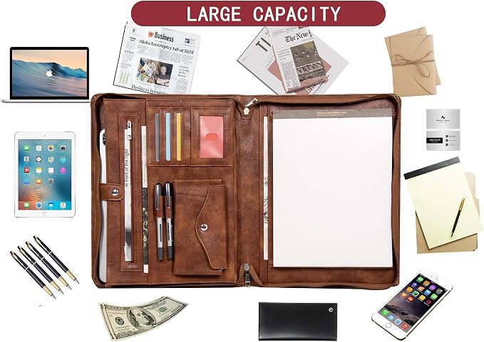 AZXCG Portfolio with Handle,Leather Padfolio for Men,Business Padfolio Organizer for Women,Portfolio Binder with Pockets Letter Size A4 Writing Pad Notepad - Image 6