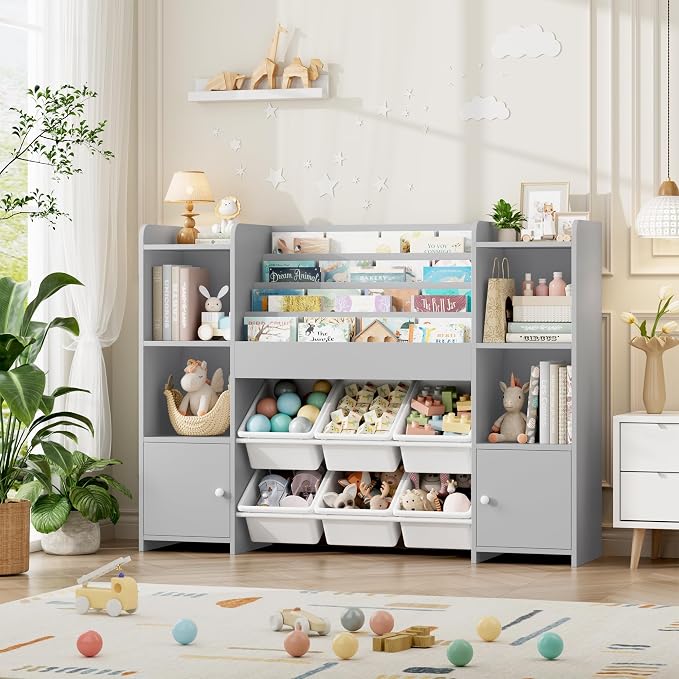 Toy Storage Organizer with 6 Toy Bins & 4 Tier Kids Bookshelf | Toy Organizer with 6 Cubbies, Kids Toy Organizers and Toy Storage with Bins, Playroom Storage and Toy Chest, Grey - Image 7