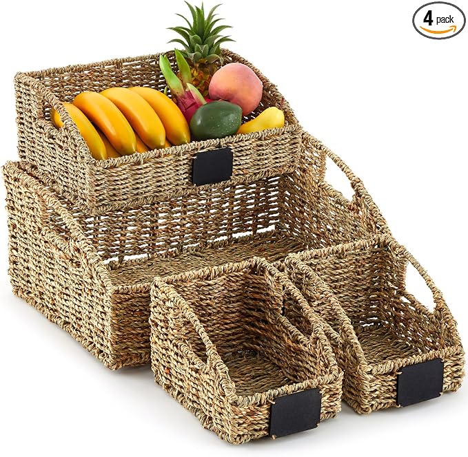4 Pcs Natural Seagrass Storage Baskets Set Stackable Handwoven Wicker Storage Bins with Chalkboard Label Built-in Handles Woven Container Basket Kitchen Baskets for Shelves by Wonderjune
