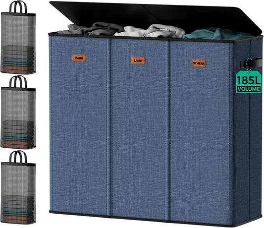 185L Laundry Hamper 3 Section with Lid & Removable Bags | Collapsible laundry basket organizer for laundry room, bedroom & dorm with 3 removable washing bags by MECINFUL