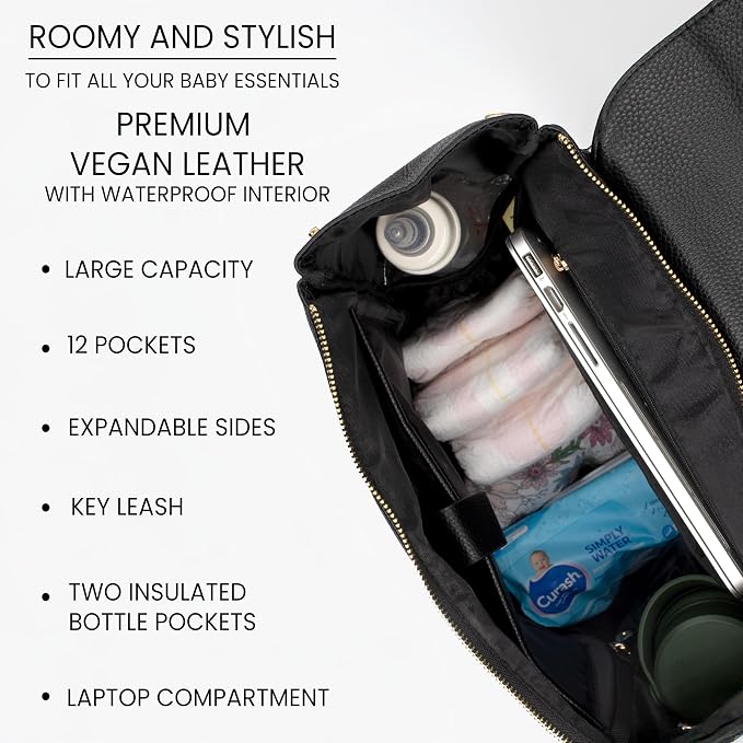 Premium Vegan Leather Diaper Bag Backpack – Large Designer Baby Bag, Stylish Diaper Backpack with Stroller & Crossbody Straps & Multiple Compartments (Black) - Image 3