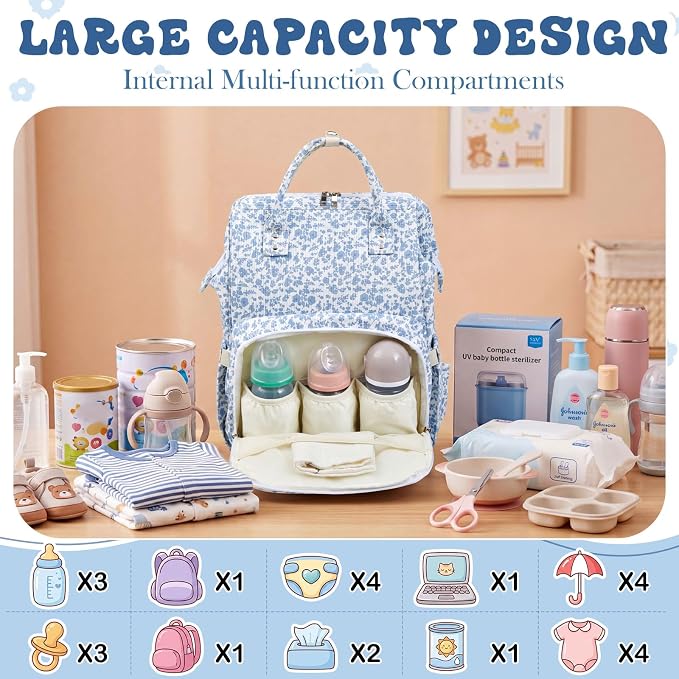 Blue Corduroy Floral Diaper Bag Backpack for Mom Large Capacity Multifunction Travel Backpack for Women, Cute Diaper Bag - Image 7