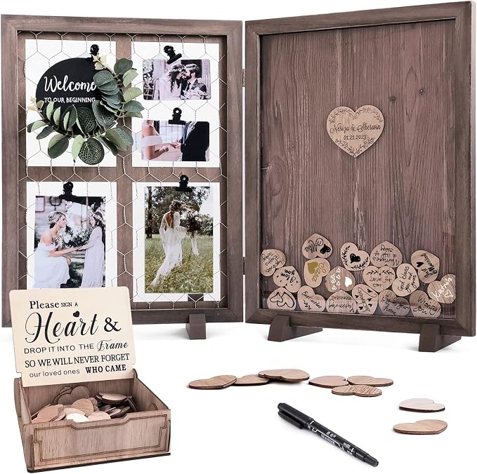 Y&K Homish Wedding Guest Book Alternative, Rustic Wedding Decorations for Reception, Favors for Guests 80 Hearts Green Wreath (Rustic Brown) by YKHomish