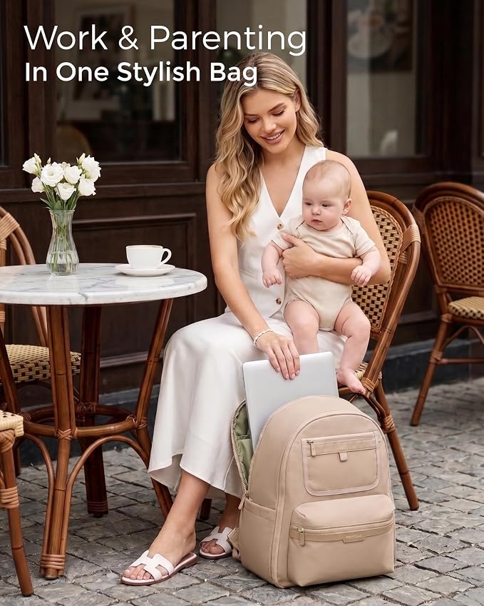 Momcozy Diaper Bag Backpack for Travel & Work - Waterproof and Multi-Pocket | Baby Bag with changing pad,mom bag with Insulated Pouch, Stroller Straps & Laptop Compartment,Khaki - Image 5