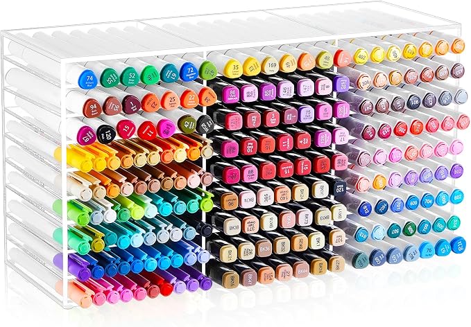 MotiMind Acrylic Marker Organizer for 189 Marker, Large Art Pencil Holder Storage Rack for Desk, Pens Art Brushes Display Stand with 27 Compartments for Desktop, Office (clear, 189 Capacity) by MotiMind