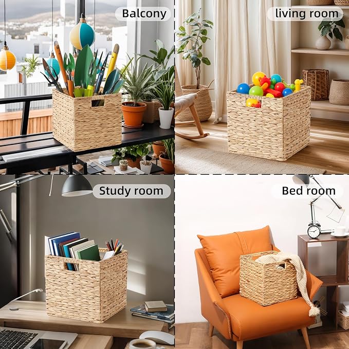 Water Hyacinth Storage Basket, Set of 2 Hand-Woven Wicker Baskets, Foldable Cube Storage Bins, Wicker Cube Laundry Organizer, Square Baskets for Organizing Shelves Decor, 12x12x12in - Image 6