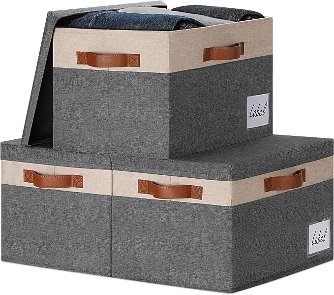 GhvyenntteS Fabric Storage Bins with Lids 3 Pack, Large Fabric Storage Baskets with Lid and Handles, Foldable Closet Organizers and Storage boxes with Label Window for Home (Beige, 15" x 11" x 9.7") by GhvyenntteS