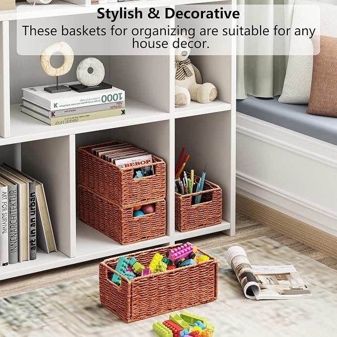 Wicker Storage Basket, Set of 2 Hand-Woven Paper Rope Wicker Basket, Small Storage Baskets for Organizing Toilet Paper, Foldable Small Cube Organizer Bins for Shelves (Orange) - Image 4