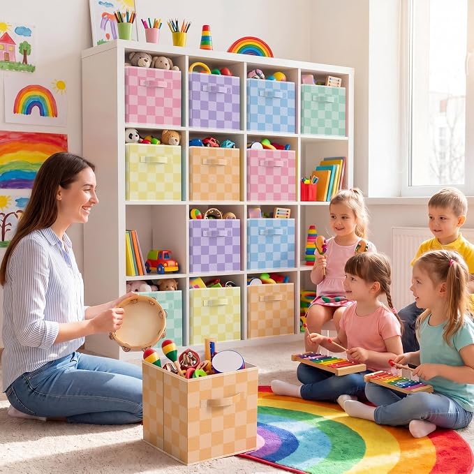 Potchen 6 Pcs Fabric Cube Storage 11'' Colorful Checked Bins,Bright Style | Collapsible Cubes with Handles for Closet Shelves Nursery, Classroom Decor, Plaid Organizer Baskets, Back to School Supplies - Image 2