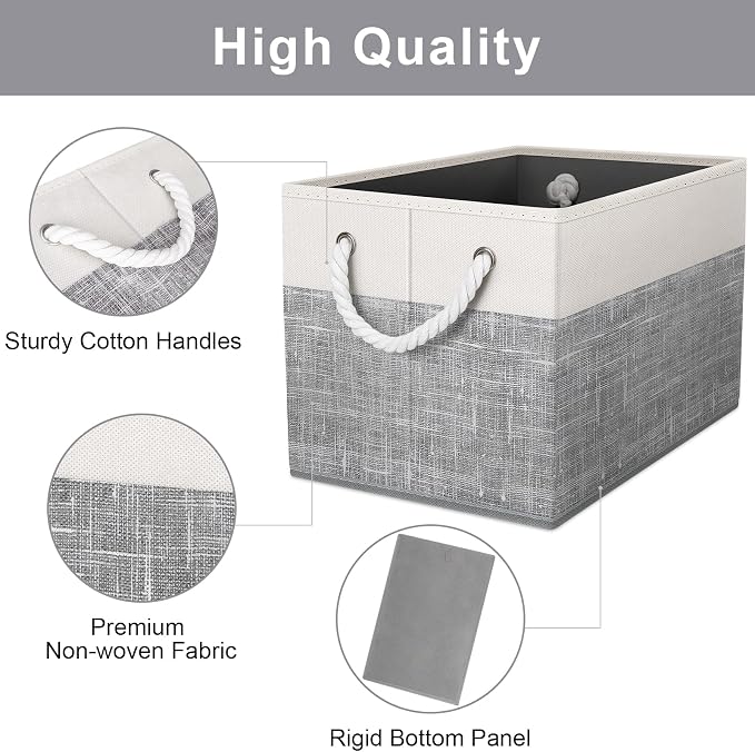 Storage Bins 2-Pack, Foldable Storage Baskets for Organizing Toys, Books, Shelves, Closet, Large Storage Box with Rope Handles, Sturdy Organizer Bins, White & Grey - Image 3