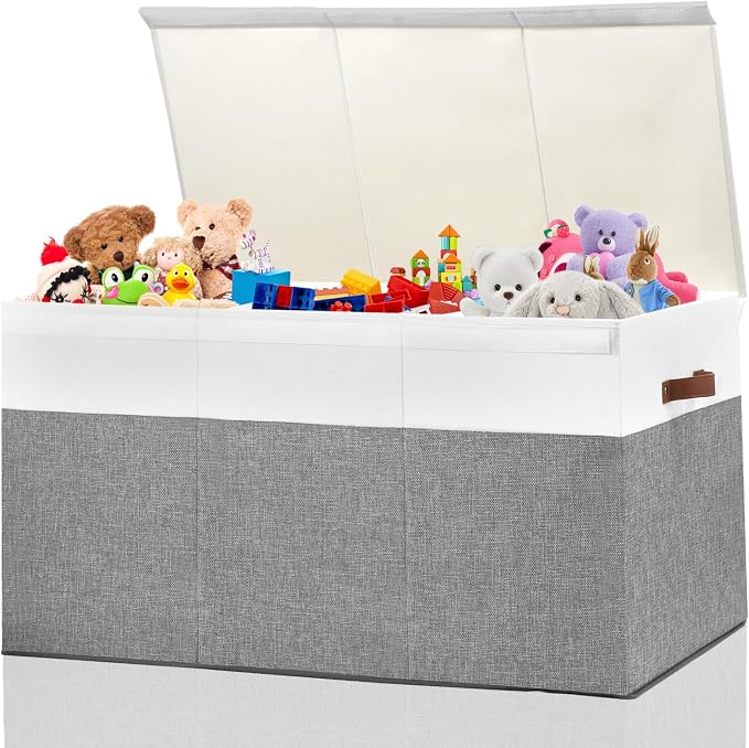 Extra Large Toy Storage Box with Lid,Toy Chest Bin Basket with Dividers | Sturdy Toy Organizer Bin for Kids, Boys, Girls, Nursery, Closet, Bedroom, Playroom 35.5"x17" x17"(Grey and White) by Gowee