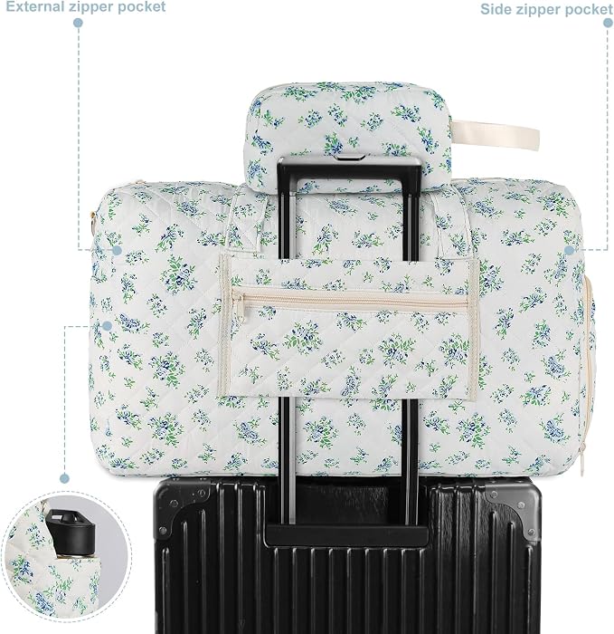 Sage Floral Quilted Weekender Duffel Bag Set with Shoe Compartment | Women's Overnight Hospital Bag for Labor Delivery, Carry-On Travel Duffel with Toiletry Pouch for Gym & Getaway - Image 4