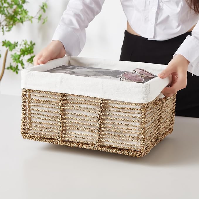Wicker Storage Basket, 6 Pack Seagrass Baskets for Organizing, Wicker Baskets with Handle, Rectangular Woven Basket for Storage Shelves, Cube Storage Bins for Closet/Clothes/Dresser - Image 3