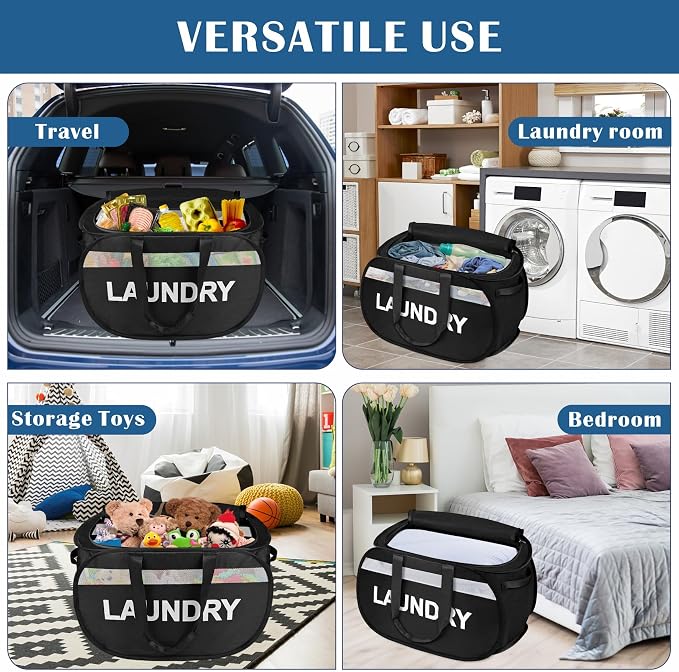 Large Collapsible Laundry Baskets Pop Up Laundry Hamper with Reinforced Handles Foldable Laundry Hamper for Home Laundry (Black Laundry with Lid) - Image 9