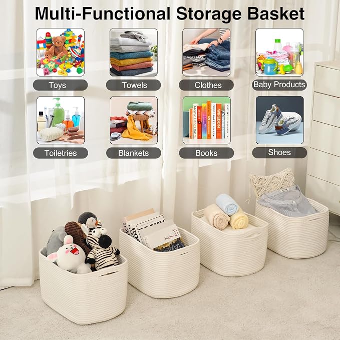 ICERZCZ Storage Baskets for Organizing & Shelves, Woven Cotton Rope Organization Bins for Dog Toys, Clothes, Books, Nursery Organizer, 15"Lx11''Wx9.5''H, (4 Packs) Off White - Image 4
